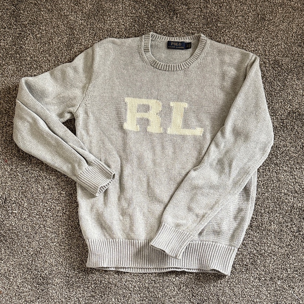 Men’s 100% cotton gray “RL” sweater crewneck light gray white logo